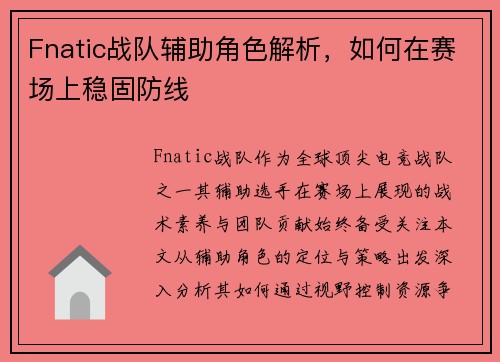 Fnatic战队辅助角色解析，如何在赛场上稳固防线